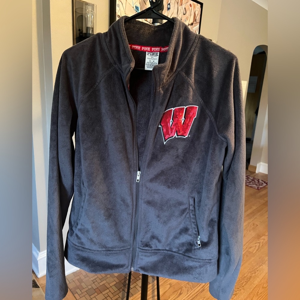 PINK Wisconsin Badgers fuzzy jacket. Size Medium. Color Gray